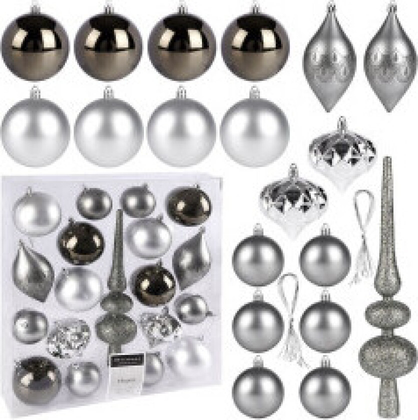 Sett med 19 uknuselige juletrekuler i sølv, matt og skinnende