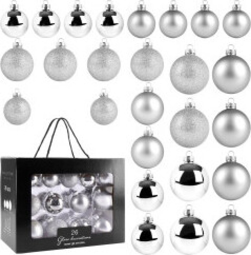 Sett med 26 juletrekuler i glass - sølv, matt og glitrende