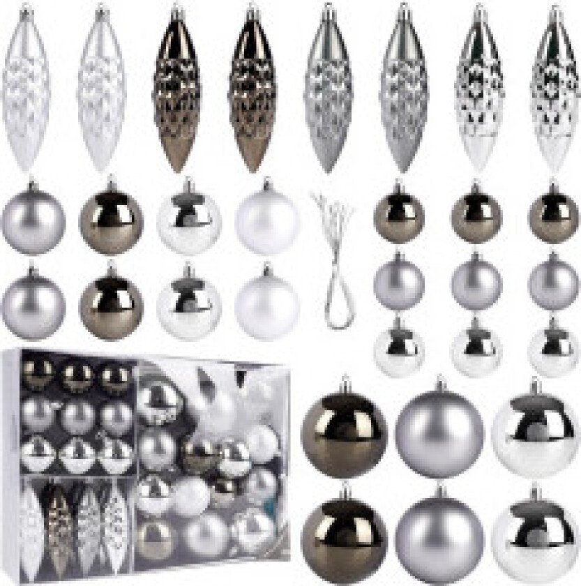 Juletrekuler 31-pakning: uknuselige, matte og blanke, sølv/grafitt