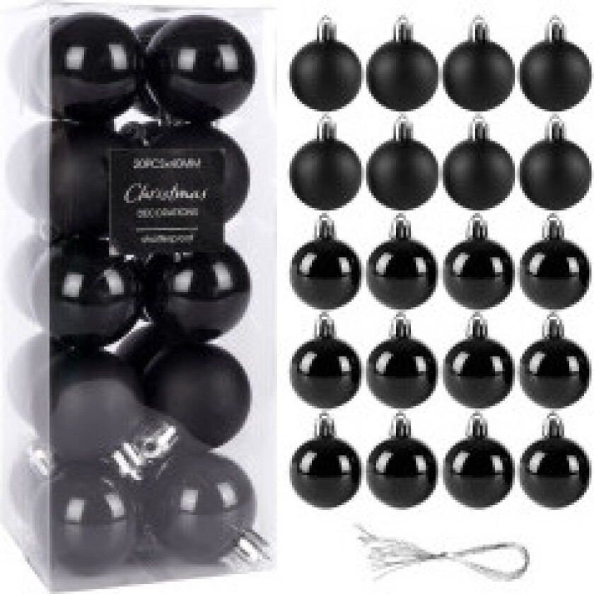 Sett med 20 uknuselige holdbare juletrekuler i sort