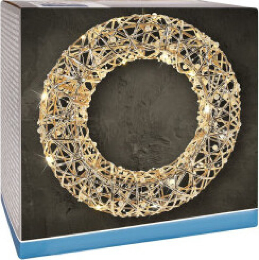 Julekrans med LED-lys i gull og hvite perler