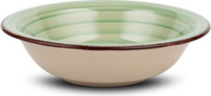 Keramisk dyp tallerken i grønn og beige, tåler oppvaskmaskin