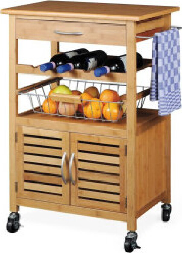 Mobil kjøkkenvogn i bambus med arbeidsflate, vinhylle og skap