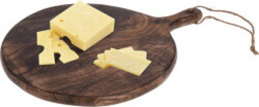 Rundt skjærebrett i tre med håndtak for skjæring og servering