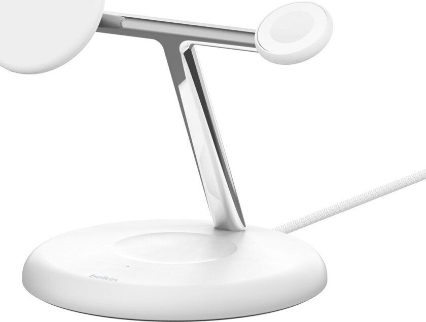 Belkin WIZ023vfWH Boost Charge 3-i-1 MagSafe-lader for mobil/smartklokke/hodetelefoner - Qi2, 15W, USB-C-kabel - Hvit