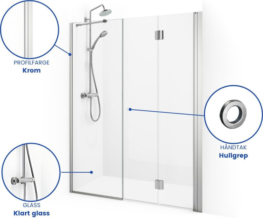 Spirit Nisjedusj Vik Swing- med Hullgrep Krom / 90+97cm Klart Glass