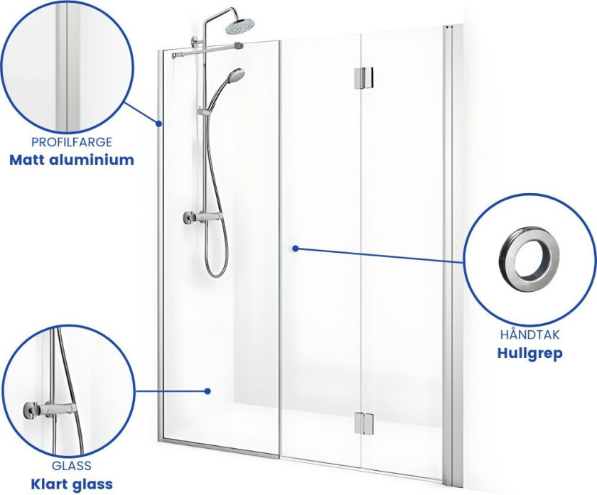 Spirit Nisjedusj Vik Swing- med Hullgrep Matt Aluminium / 100+84cm Klart Glass