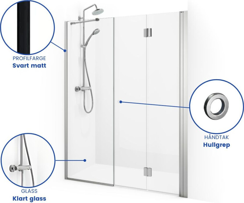 Spirit Nisjedusj Vik Swing- med Hullgrep Svart Matt / 80+97cm Klart Glass