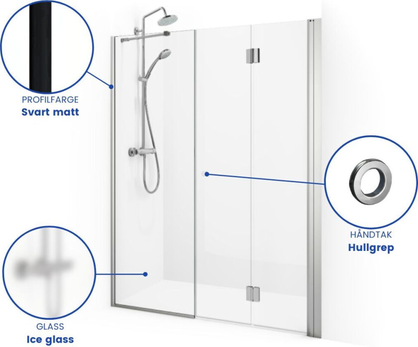 Spirit Nisjedusj Vik Swing- med Hullgrep Svart Matt / 100+84cm Ice Glass