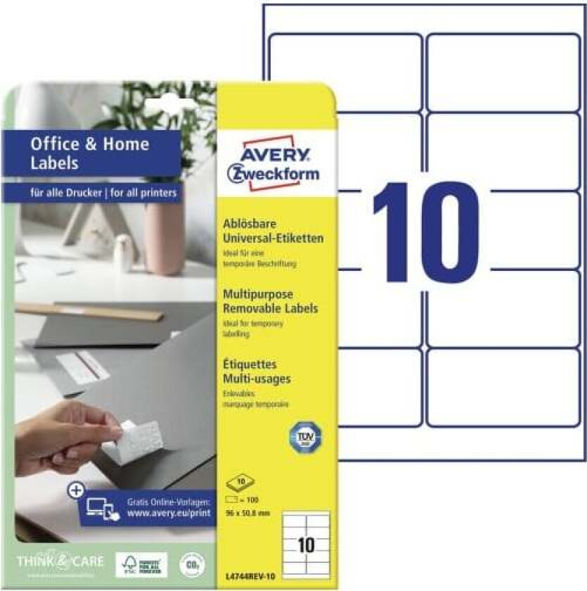 L4744REV-10, 96 x 50,8 mm, A4, uden lak,hvid Hvid 327x219x5mm (10Ark)