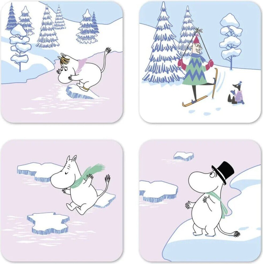 Mummitrollet glassunderlag vinter 2022 9 x 9 cm 4-pakning Blå-hvit-rosa