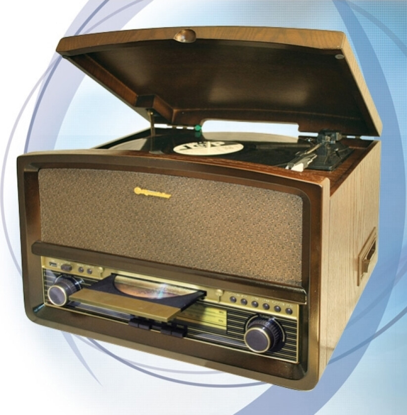 HIF1937 retro stereoanlegg med platespiller, kassett, CD-spiller og radio (CD - MP3, USB, LCD-skjerm, 40 W), brun (HIF1937)