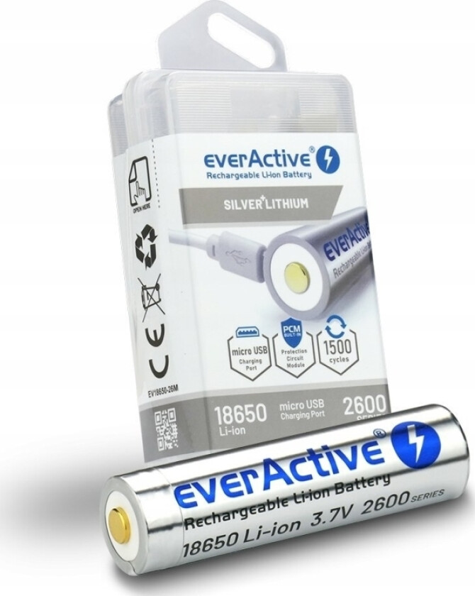 Batteri everActive 18650 3.7V Li-ion 2600mAh micro USB med beskyttelsesboks
