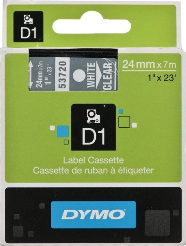 TAPE DYMO D1 24MM X 7M TRANSPARENT (HVIT TEKST)
