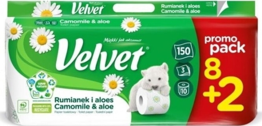 Cellulose toalettpapir VELVET Chamomile and Aloe Special Edition, 3-lags, 150 ark, 8 stk., hvit
