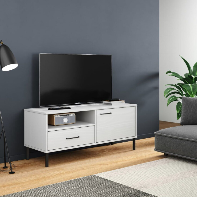 TV-benk med metallben hvit heltre furu OSLO