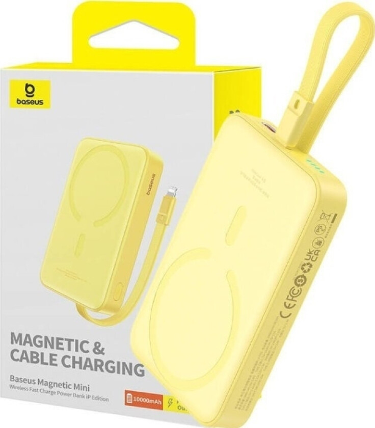 Magnetic Qi Powerbank 20W m. USB-C-kabel og Innebygd Lightning-kabel - 10 000 mAh - MagSafe-Kompatibel - Gul