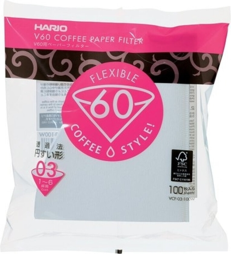 Hario V60 Filter Papers, Kaffefilter, V60, Gjennomsiktig, Hvit, 100 stykker