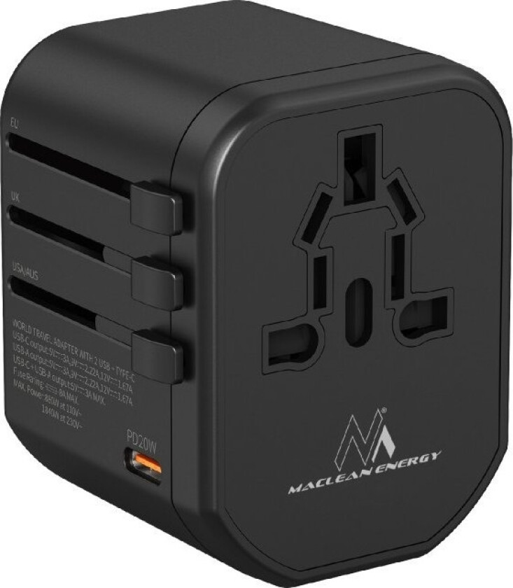 MCE238N USB Travel Adapter, 2xUSB 2.4A + USB-C PD 20W, 8A Fuse, Quick and Fast Charge, 200 countries of the world
