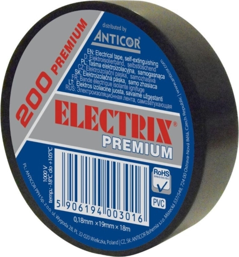 Electrical insulating tape ELECTRIX 200 PREMIUM 19mm 18m black