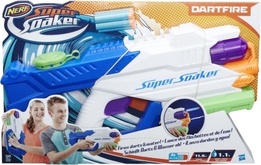 Super Soaker DartFire, 1,1 L, Soaker vandpistol, Indbygget, 11,5 m, Blå, Grøn, Orange, Hvid, 6 År