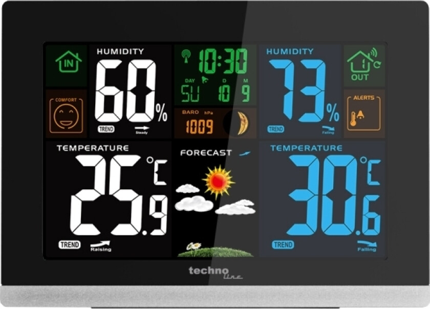 Technoline WS 6462, Sort, Sølv, Inne hygrometer, Inne Termometer, Utendørs Fuktighetsmåler, Utendørs Barometer, Hygrometer, Termometer, Hygrometer, T