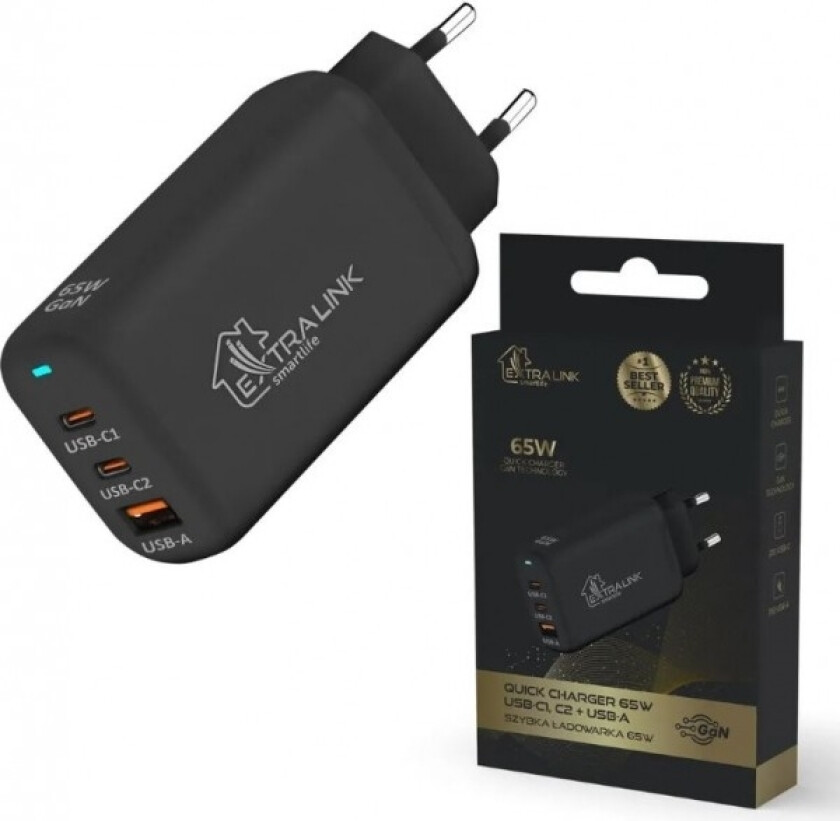 Extralink Smart Life Hurtiglader 65W GaN Lader 2x USB-C, USB-A, CHARESL02