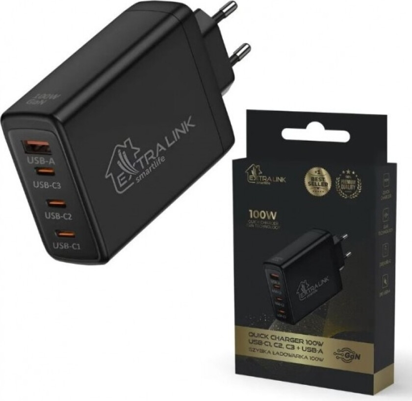 Extralink Smart Life Hurtiglader 100W GaN Lader 3x USB-C, USB-A, CHARESL01