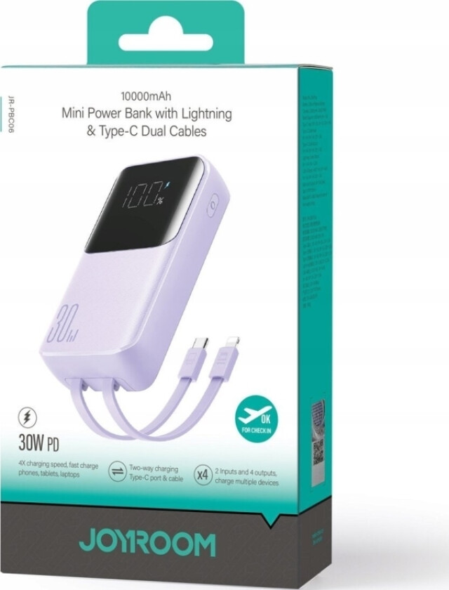 Power Bank 30W 10 000 mAh med innebygd Lightning og USB-C-kabler lilla (JR-PBC06)