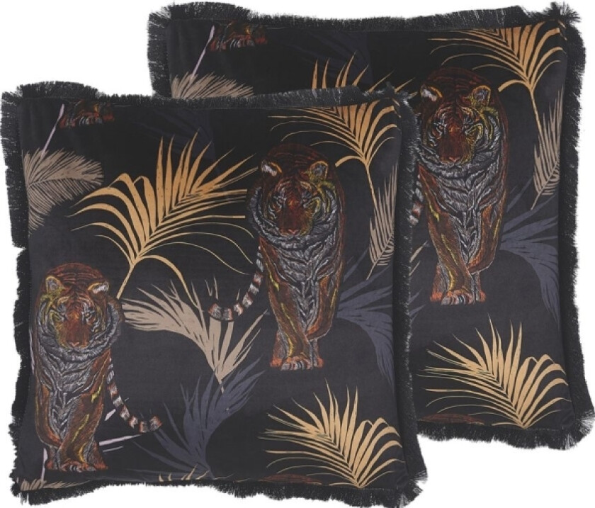 Set Of 2 Decorative Cushions With 45 X 45 Cm Tiger Motif Black Frame