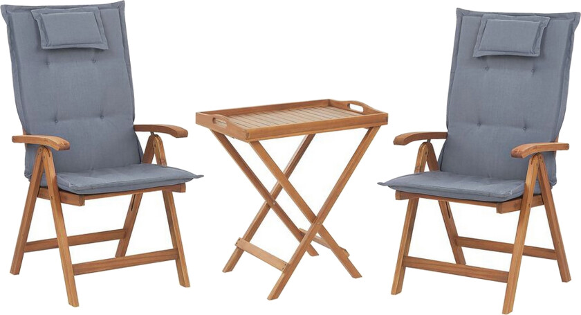 Bistrosett til Hagen Bord Akasietre 2 Stoler med Blå Puter UV-bestandig Sammenleggbar