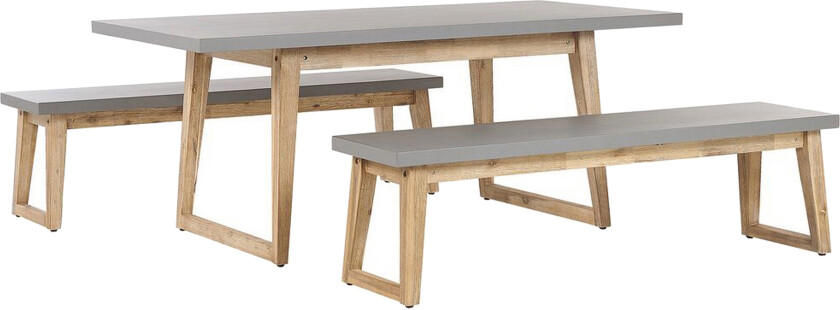 Utendørs spisegruppe grå fibersement lys akasietre 6 personers bord 2 benker moderne design