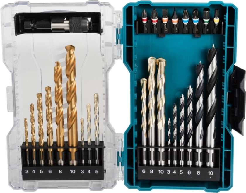 - Spissett for skrutrekker og bor - for tre, metall, murverk - 27 deler - 5 mm, 6 mm, 8 mm, 10 mm, 4 mm, 3 mm - torx, phillips, pozidriv, hex,