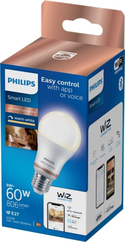 Pære 8 W (tilsvarer 60 W) A60 E27, Smartpære, Hvit, E27, Myk hvit, 2700 K, 2700 K