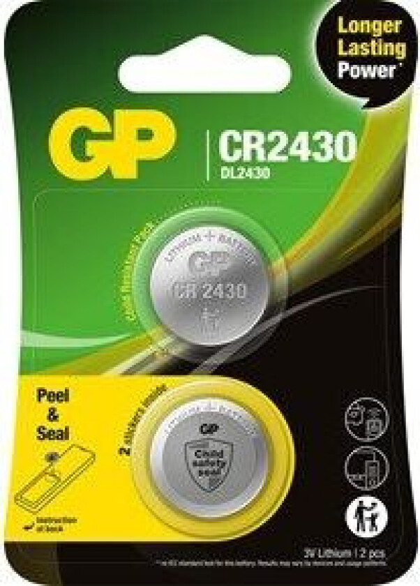 GP knappcell, Litium, CR2430, Safety seal, 2-pack