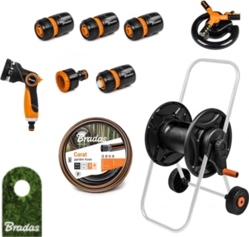 BRADAS BLACK LINE slangevogn med 1/2"20m slange, pistol, sprinkler og beslag