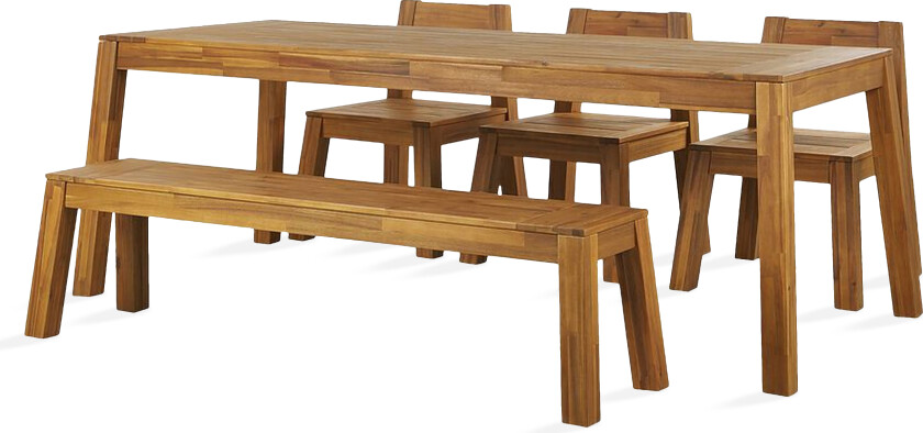 Hagespisesett med 5 deler i lyst massivt akasietre Rektangulært bord Benk 3 stoler Rustikk stil Moderne design