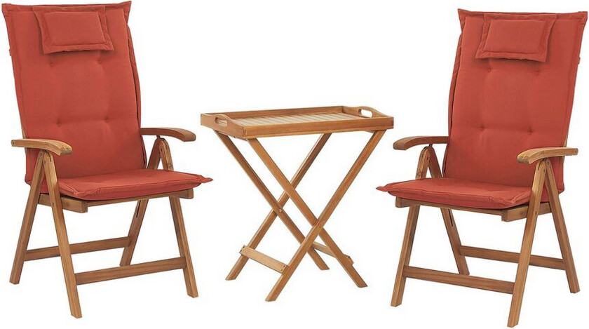 Hagesett Bistrosett Bord Akasietre 2 Stoler med Røde Puter UV-bestandig Sammenleggbar