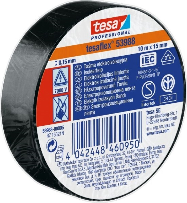 Bilde av Tesa Electrical insulating tape 5000V PVC 10m 15mm black 53988-00005-00