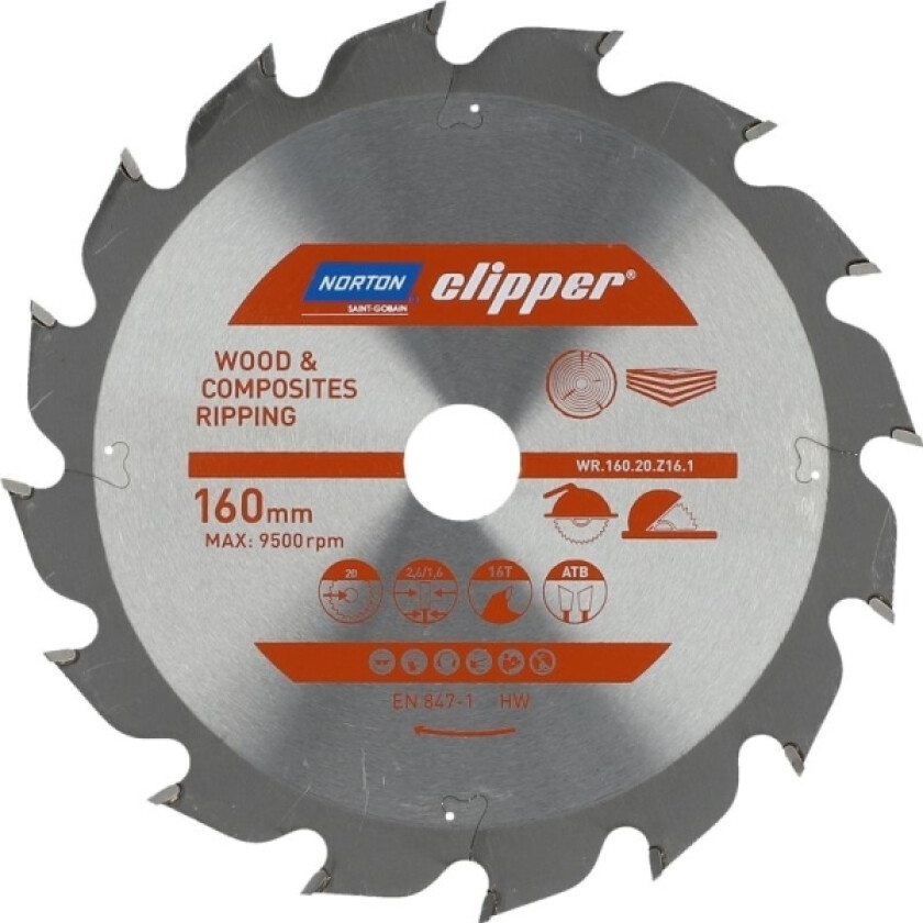 NORTON SIRKELSAG 160 mm x 20 mm x 16z TRE OG KOMPOSITTER ATB (2,6/1,6)