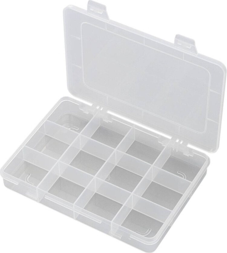 TRU COMPONENTS E-110 Sortimentskasse (L x B x H) 184 x 124 x 25 mm Antal fag: 12 Fast underopdeling Indhold 1 stk