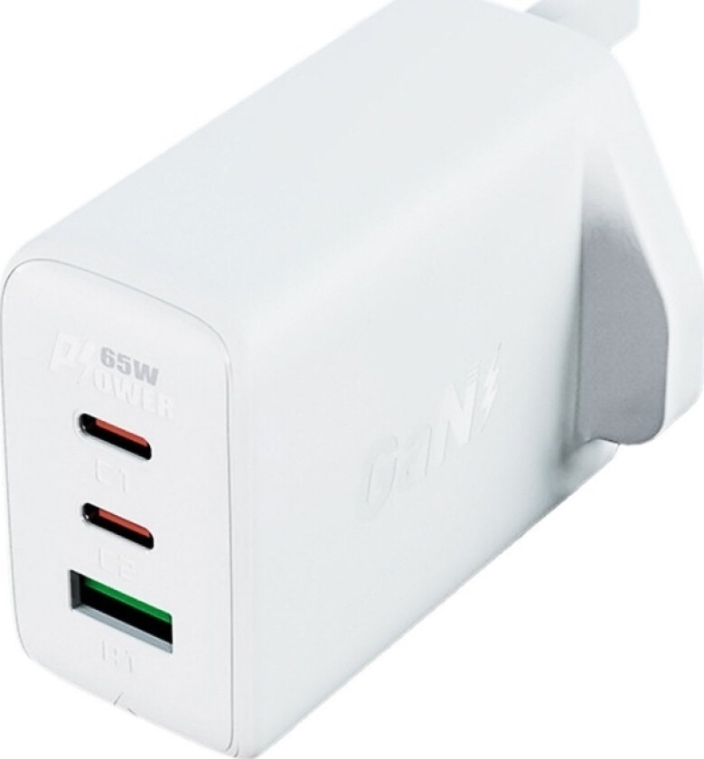 lader GaN 65W 3 porter (1xUSB, 2xUSB C PD) UK plugg hvit (A44)