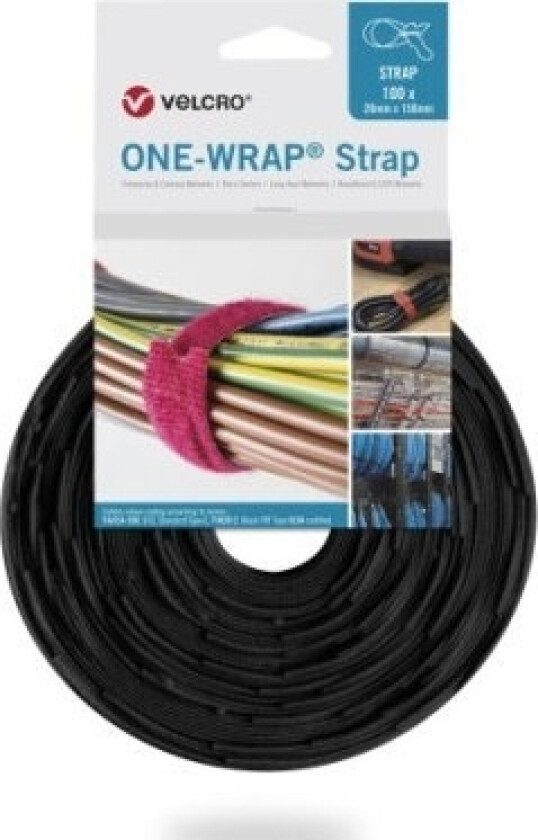 Velcro ONE-WRAP, Frigjørbart buntebånd, Polypropylen (PP), Velcro mappe, Sort, 150 mm, 20 mm, 100 stykker