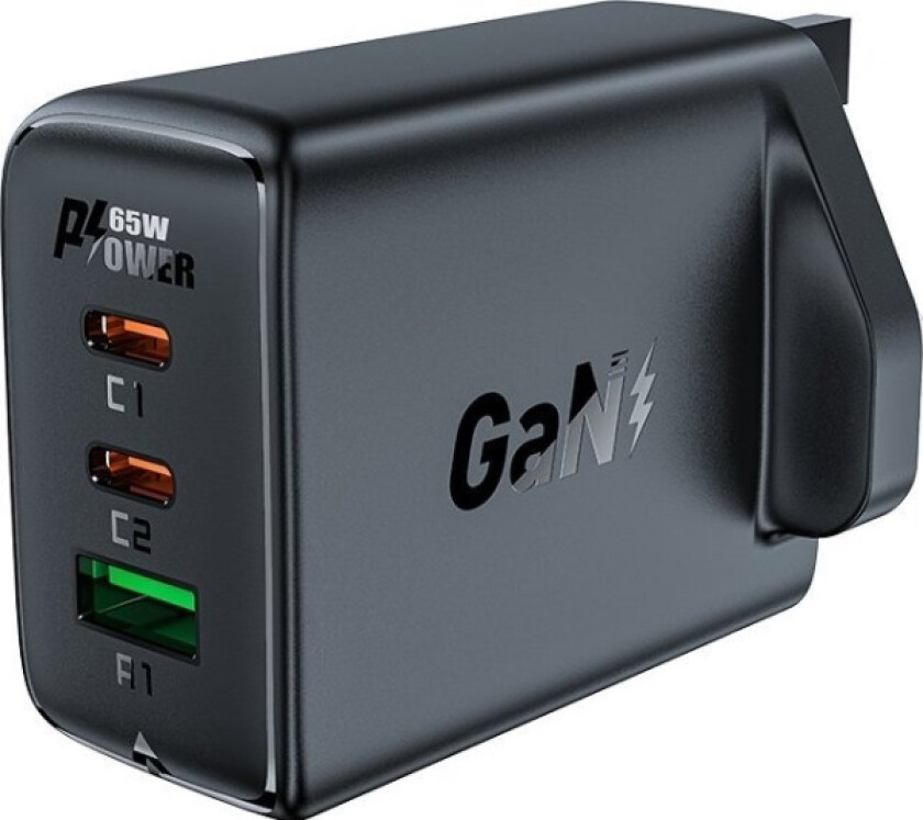 GaN 65W 3-ports lader (1xUSB, 2xUSB C PD) UK plugg svart (A44)