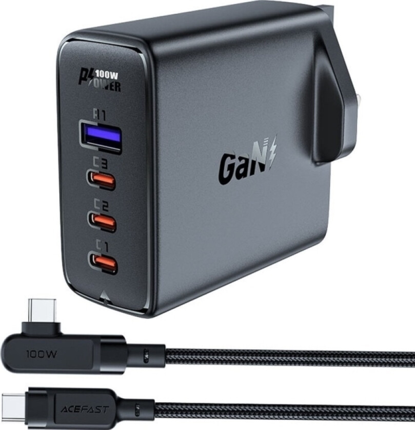lader GaN hurtiglader UK A40 100W PD 3x USB-C 1x USB-A - svart