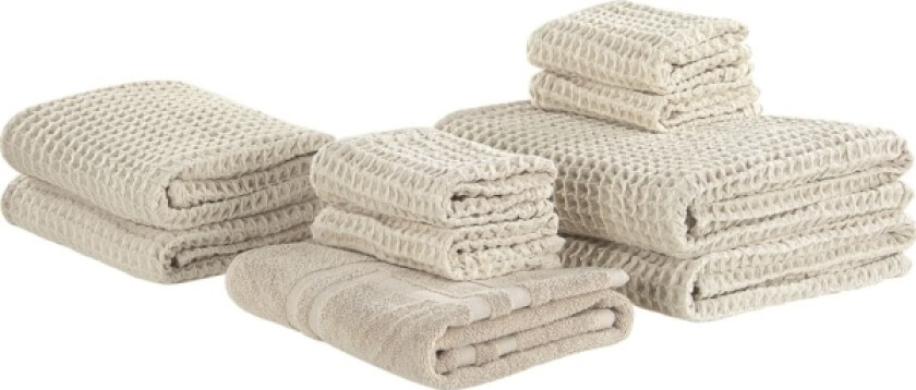 Sett med 9 håndklær Beige Bomull Gjestehåndkle Badehåndkle Håndhåndkle Badematte Luksuriøst Tekstil Baderom