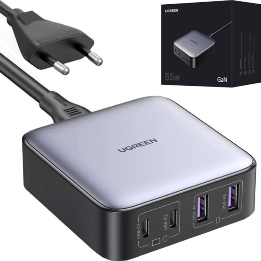 lader UGREEN CD327 Nexode vegglader, 2x USB-C, 2x USB-A, GaN, 65W (grå)