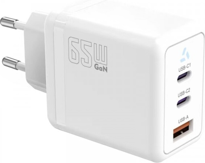 2x USB C + USB A Power Delivery nettverkslader, hvit, GaN 65W