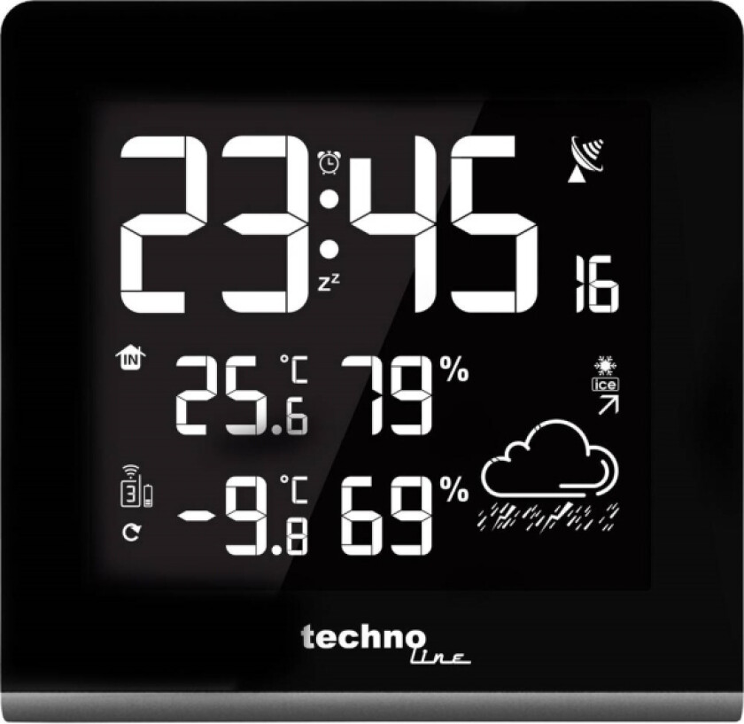 Technoline WS 9065, Svart, Inne hygrometer, Inne Termometer, Utendørs Fuktighetsmåler, Utendørs Barometer, F,°C, 30 m, 433 MHz, AC/Batteri