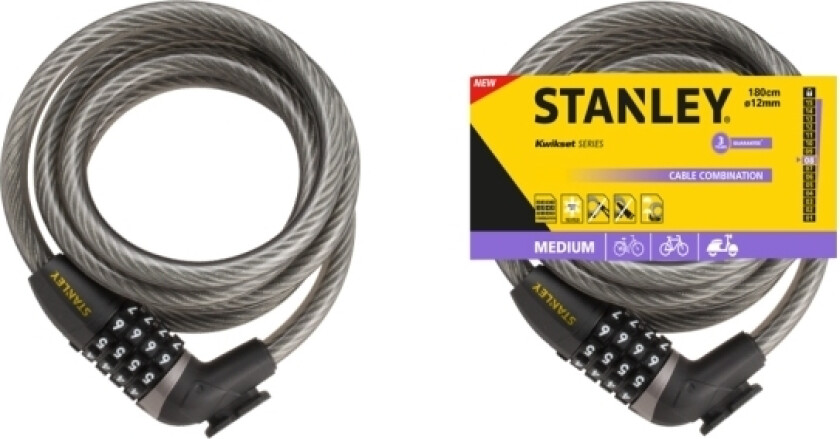 Stanley Cable Combination 180cm ø12mm, Kabellås, Sort, Grå, Stål, Vinyl, Stål, Vinyl, Stål